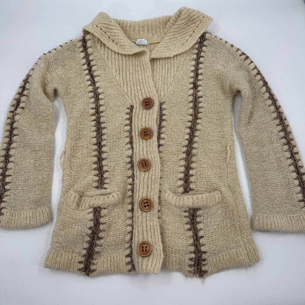 Queens Way to Fashion Beige Knit Cardigan Vintage Stitched‎ Collar Pockets Large